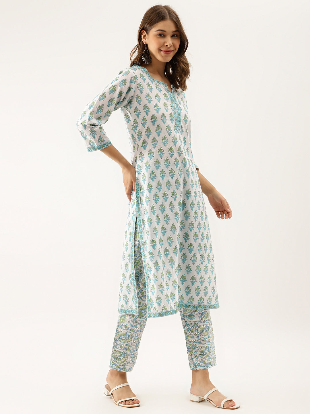 Noe Velarro White Sea blue Handblock Floral Printed Cotton Kurta Set with Kota Doria Dupatta