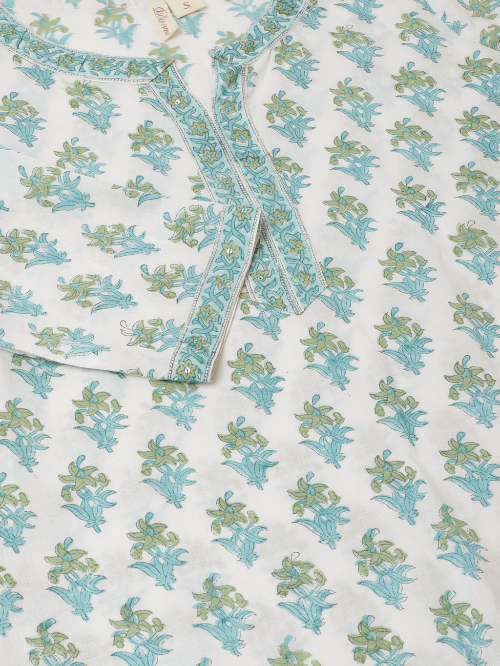 Noe Velarro White Sea blue Handblock Floral Printed Cotton Kurta Set with Kota Doria Dupatta