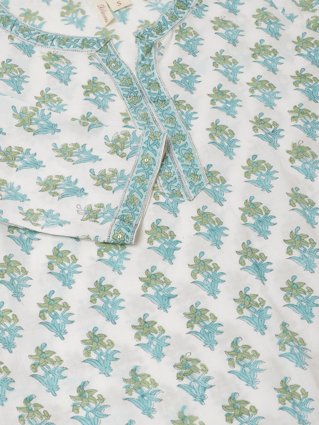 Noe Velarro White Sea blue Handblock Floral Printed Cotton Kurta Set with Kota Doria Dupatta
