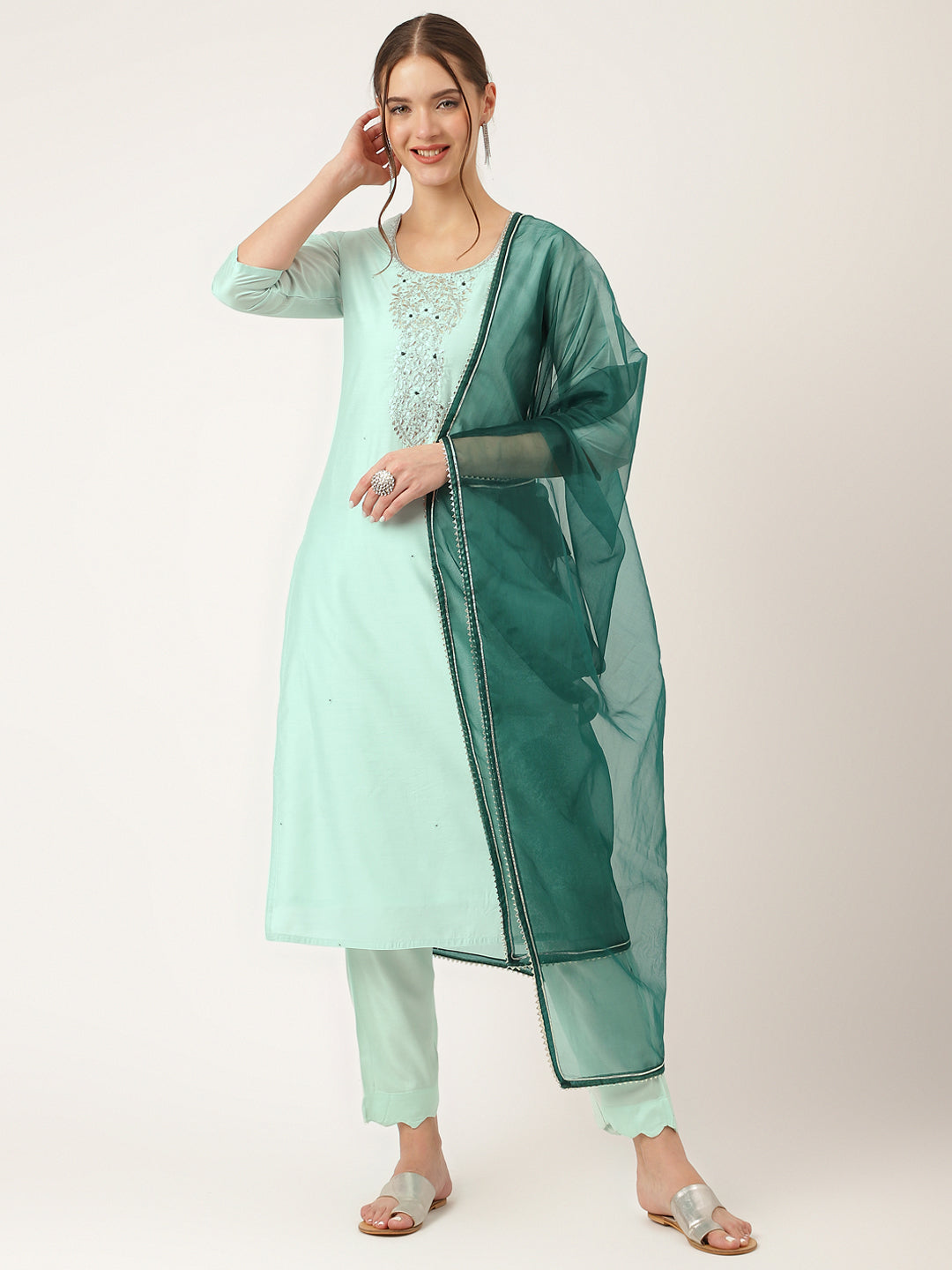Noe Velarro Sea Green Embroidered Chanderi  Kurta, Trouser With Dupatta