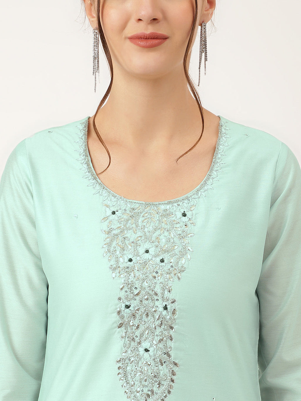 Noe Velarro Sea Green Embroidered Chanderi  Kurta, Trouser With Dupatta
