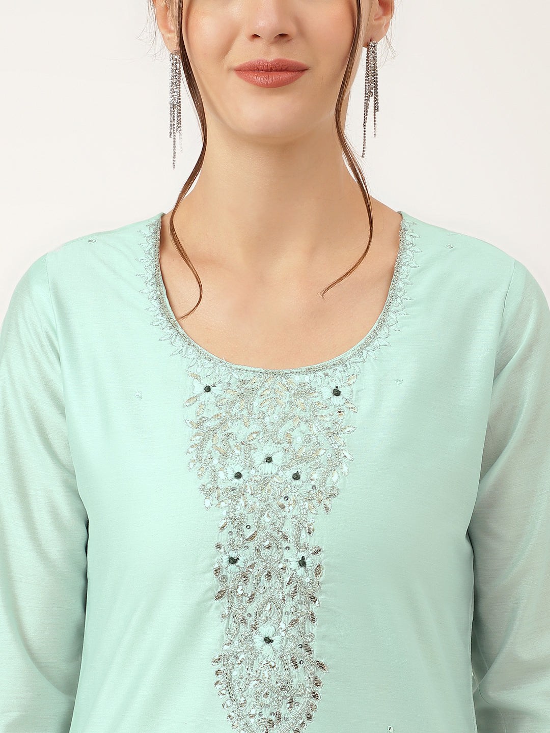 Noe Velarro Sea Green Embroidered Chanderi  Kurta, Trouser With Dupatta
