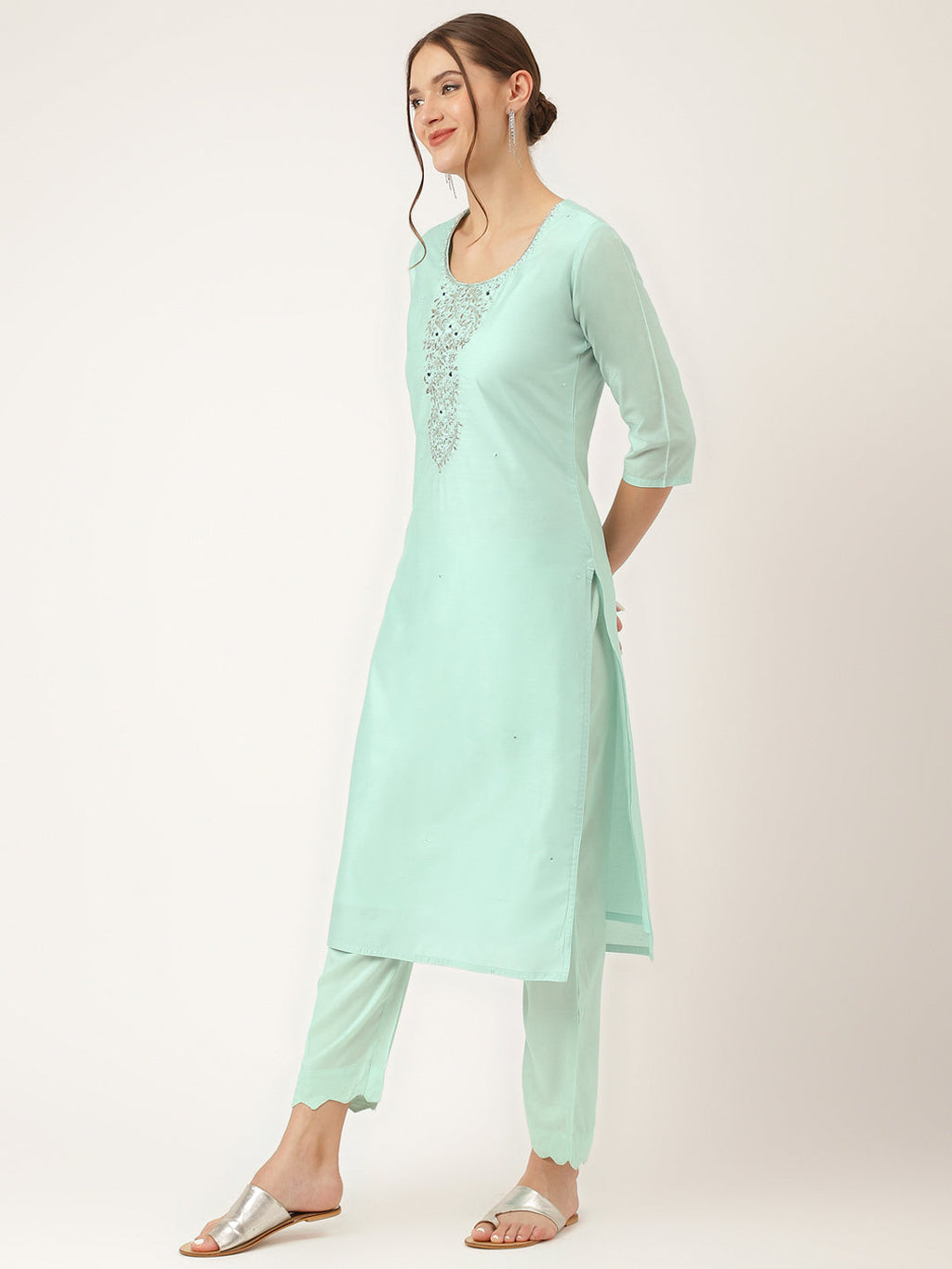 Noe Velarro Sea Green Embroidered Chanderi  Kurta, Trouser With Dupatta