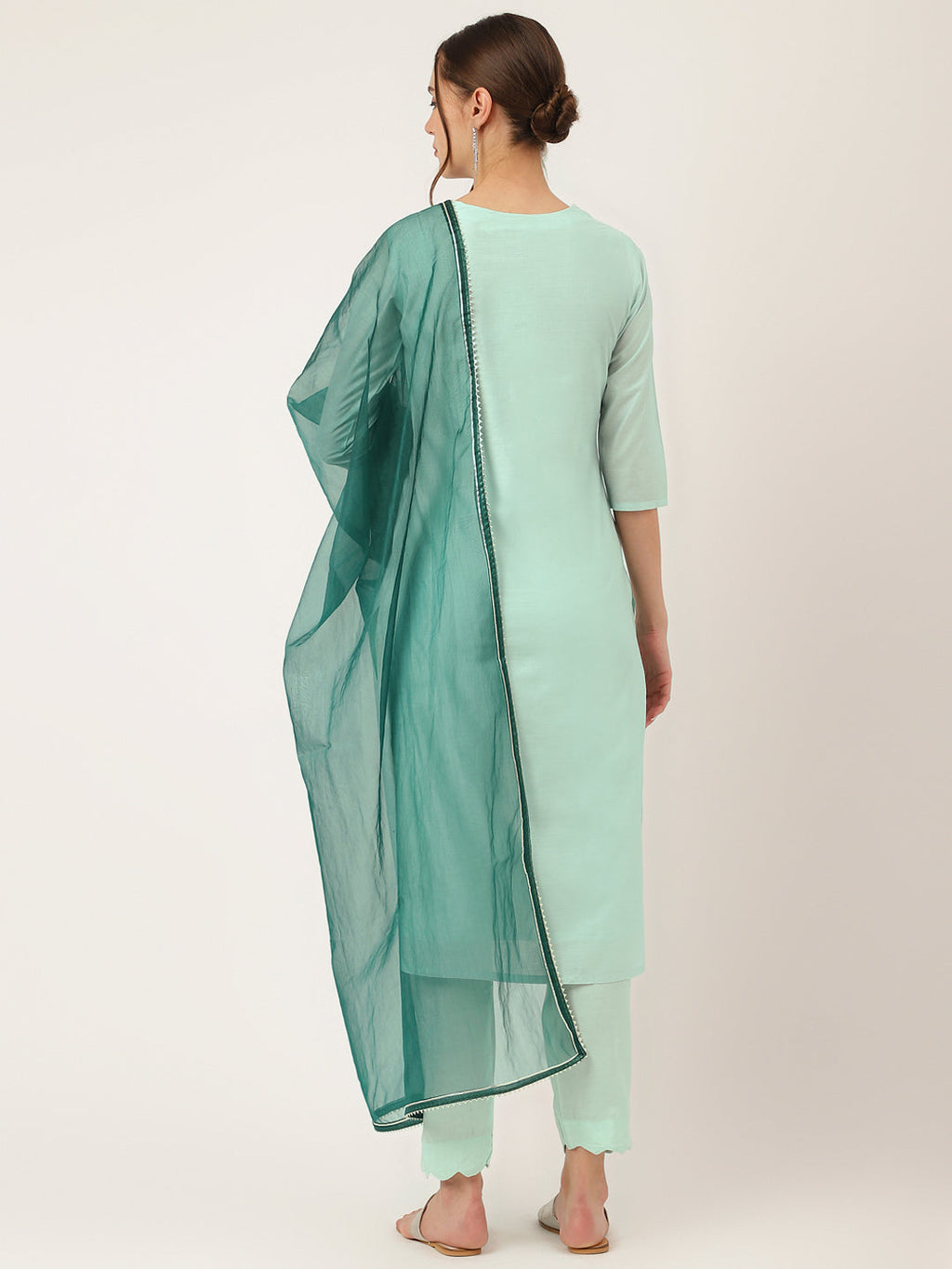 Noe Velarro Sea Green Embroidered Chanderi  Kurta, Trouser With Dupatta