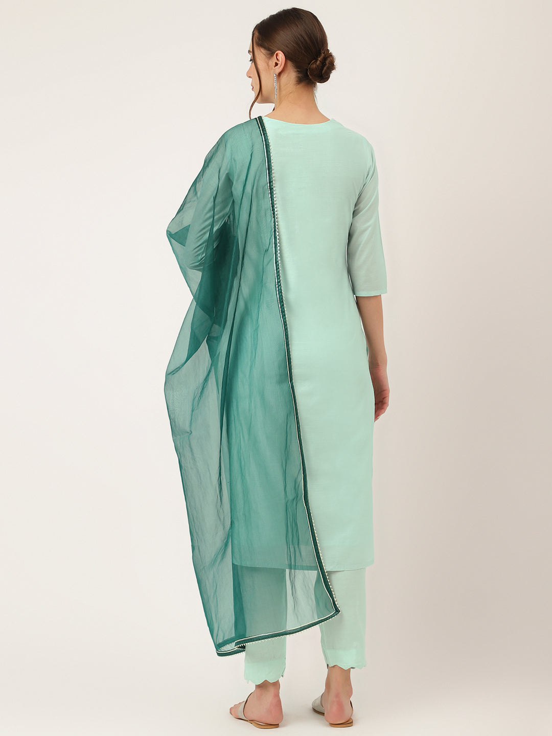 Noe Velarro Sea Green Embroidered Chanderi  Kurta, Trouser With Dupatta