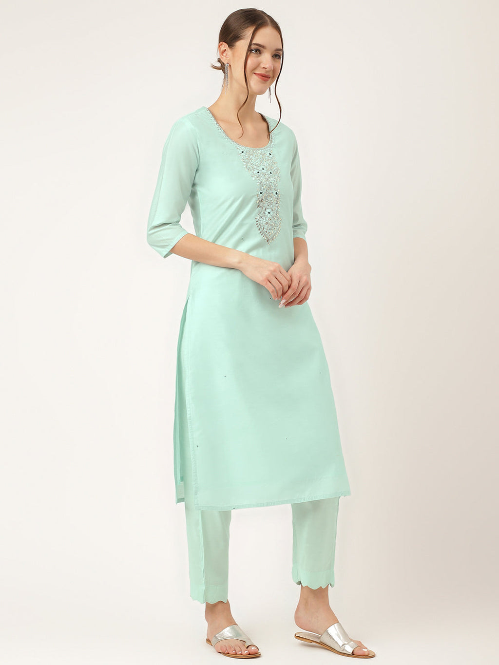 Noe Velarro Sea Green Embroidered Chanderi  Kurta, Trouser With Dupatta