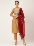 Noe Velarro Brown Embroidered Chanderi  Kurta, Trouser With Dupatta