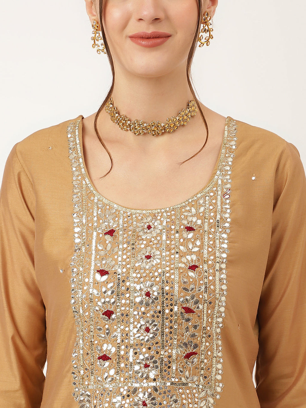 Noe Velarro Brown Embroidered Chanderi  Kurta, Trouser With Dupatta