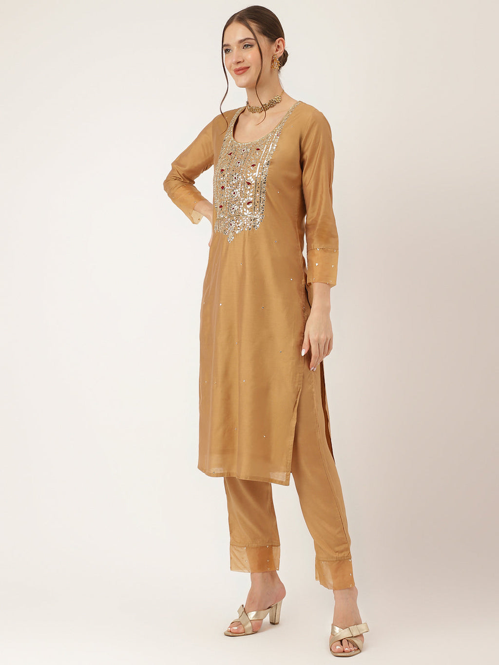 Noe Velarro Brown Embroidered Chanderi  Kurta, Trouser With Dupatta