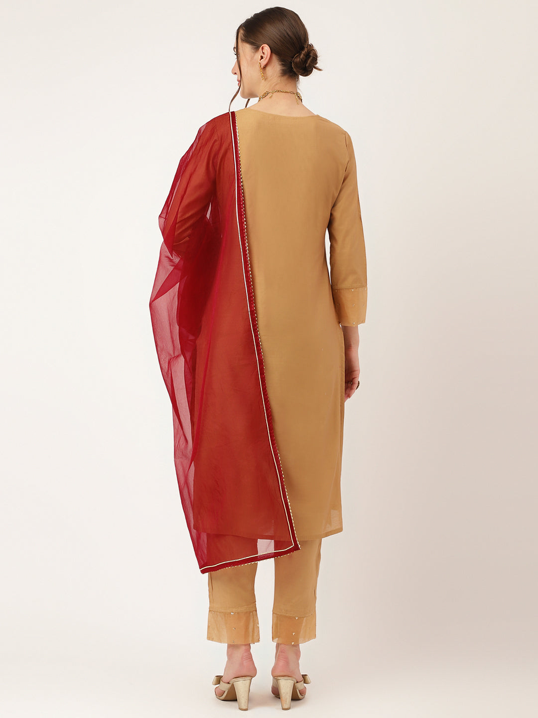 Noe Velarro Brown Embroidered Chanderi  Kurta, Trouser With Dupatta