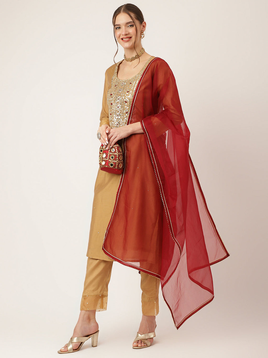 Noe Velarro Brown Embroidered Chanderi  Kurta, Trouser With Dupatta