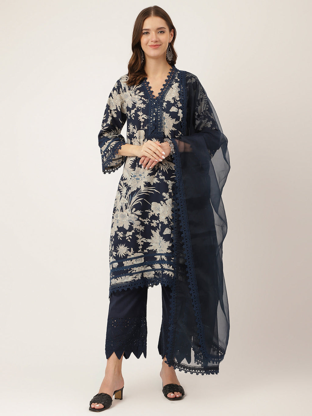 Noe Velarro Navy Blue Floral Print Cotton Kurta Trouser With Dupatta