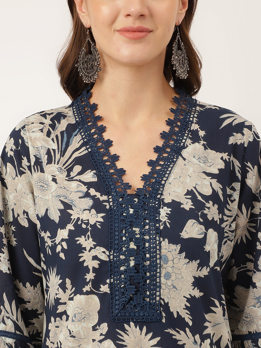 Noe Velarro Navy Blue Floral Print Cotton Kurta Trouser With Dupatta