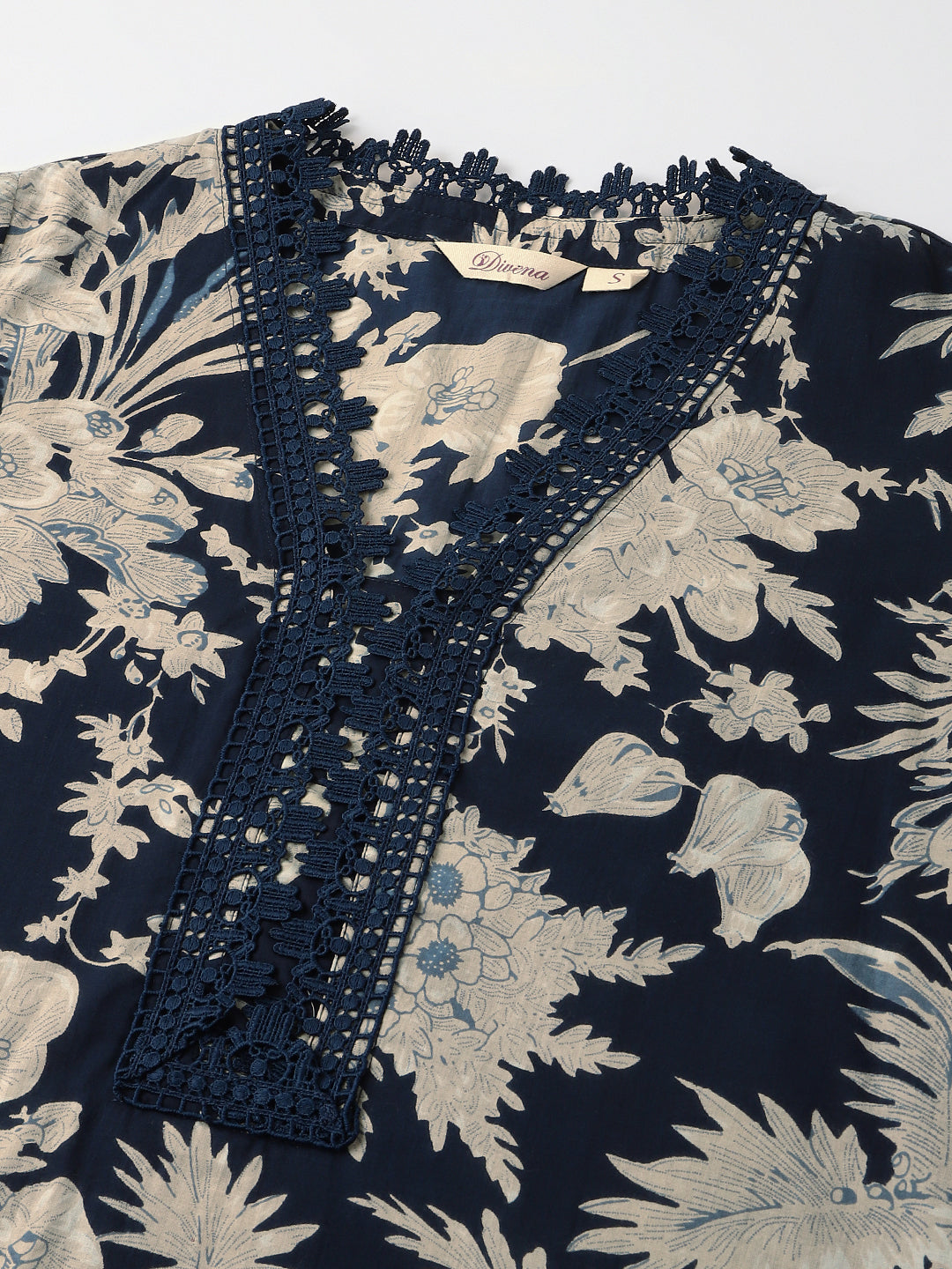 Noe Velarro Navy Blue Floral Print Cotton Kurta Trouser With Dupatta