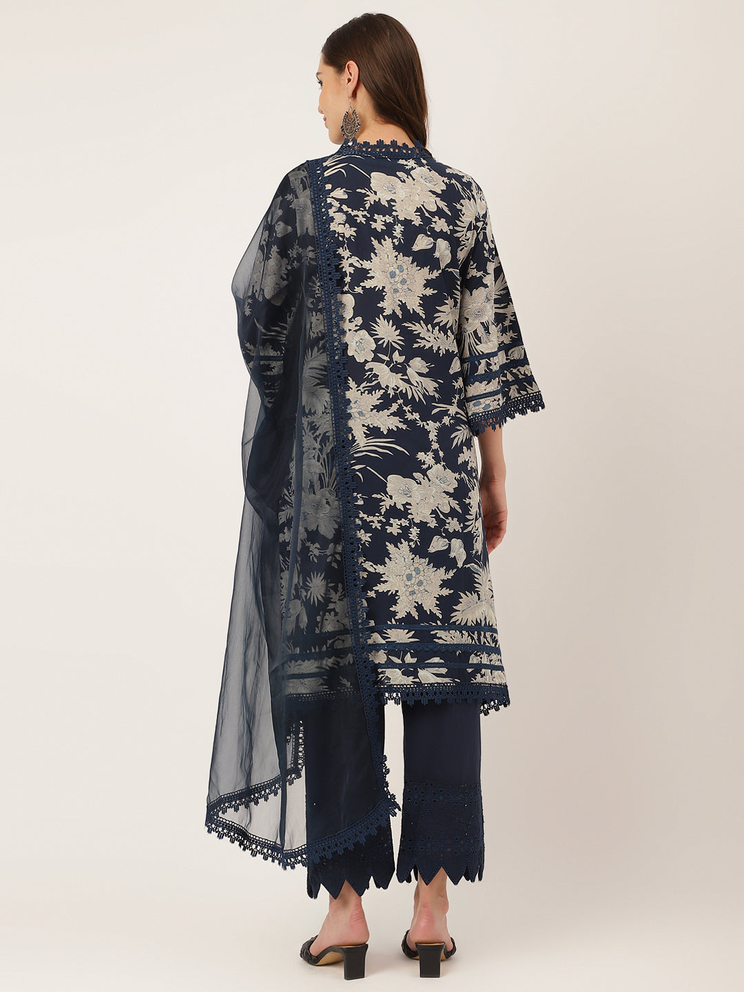Noe Velarro Navy Blue Floral Print Cotton Kurta Trouser With Dupatta