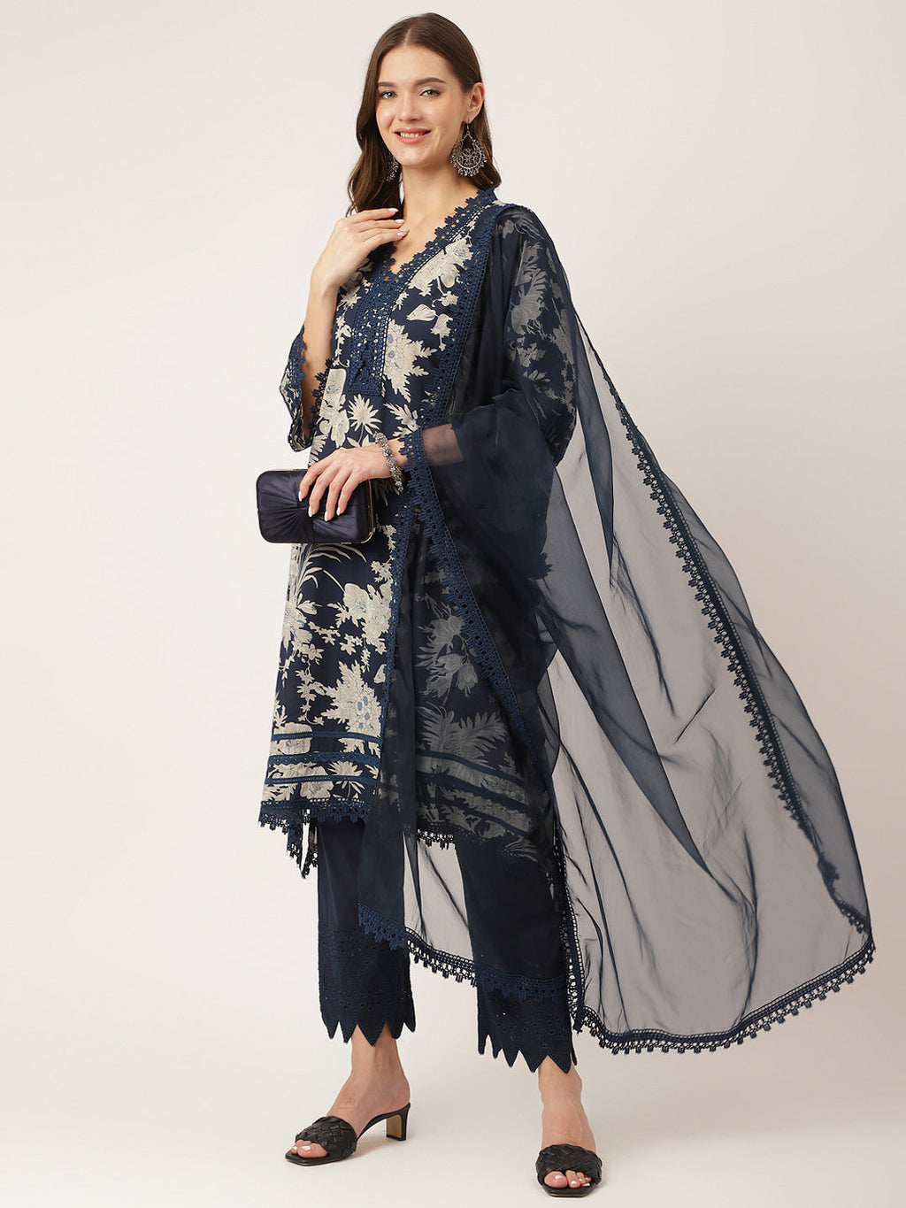 Noe Velarro Navy Blue Floral Print Cotton Kurta Trouser With Dupatta