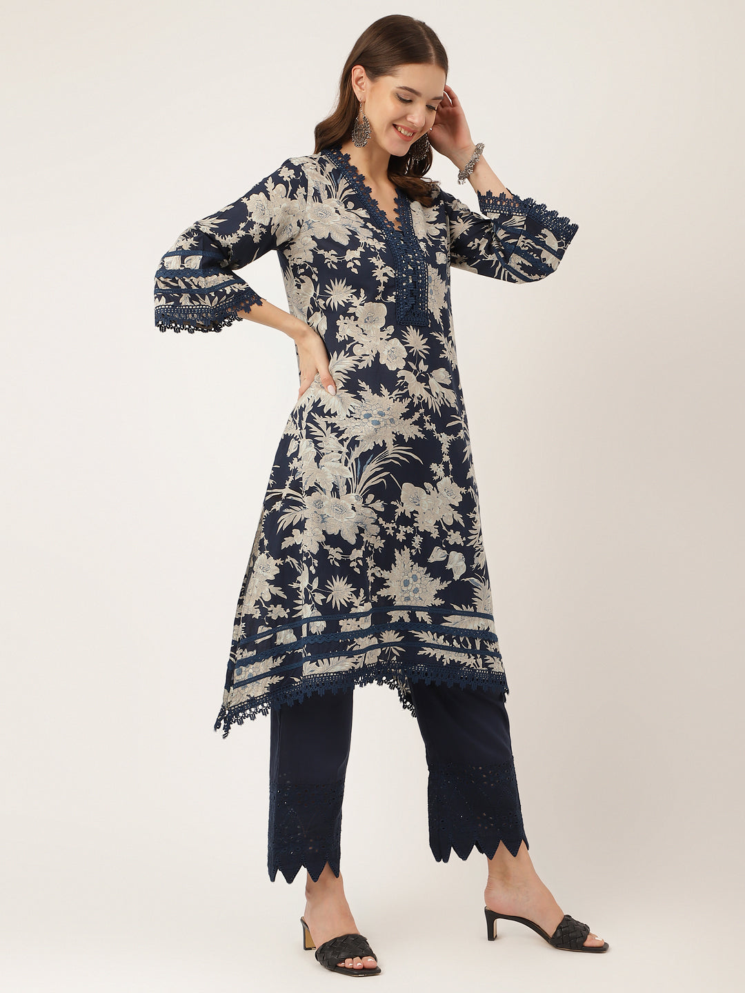 Noe Velarro Navy Blue Floral Print Cotton Kurta Trouser With Dupatta