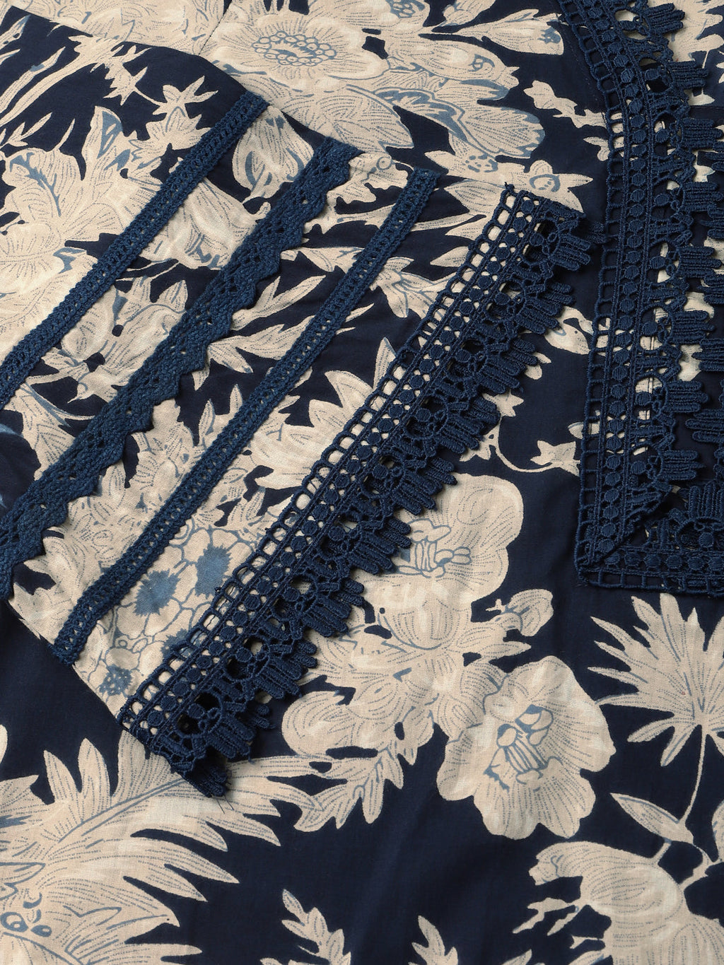 Noe Velarro Navy Blue Floral Print Cotton Kurta Trouser With Dupatta