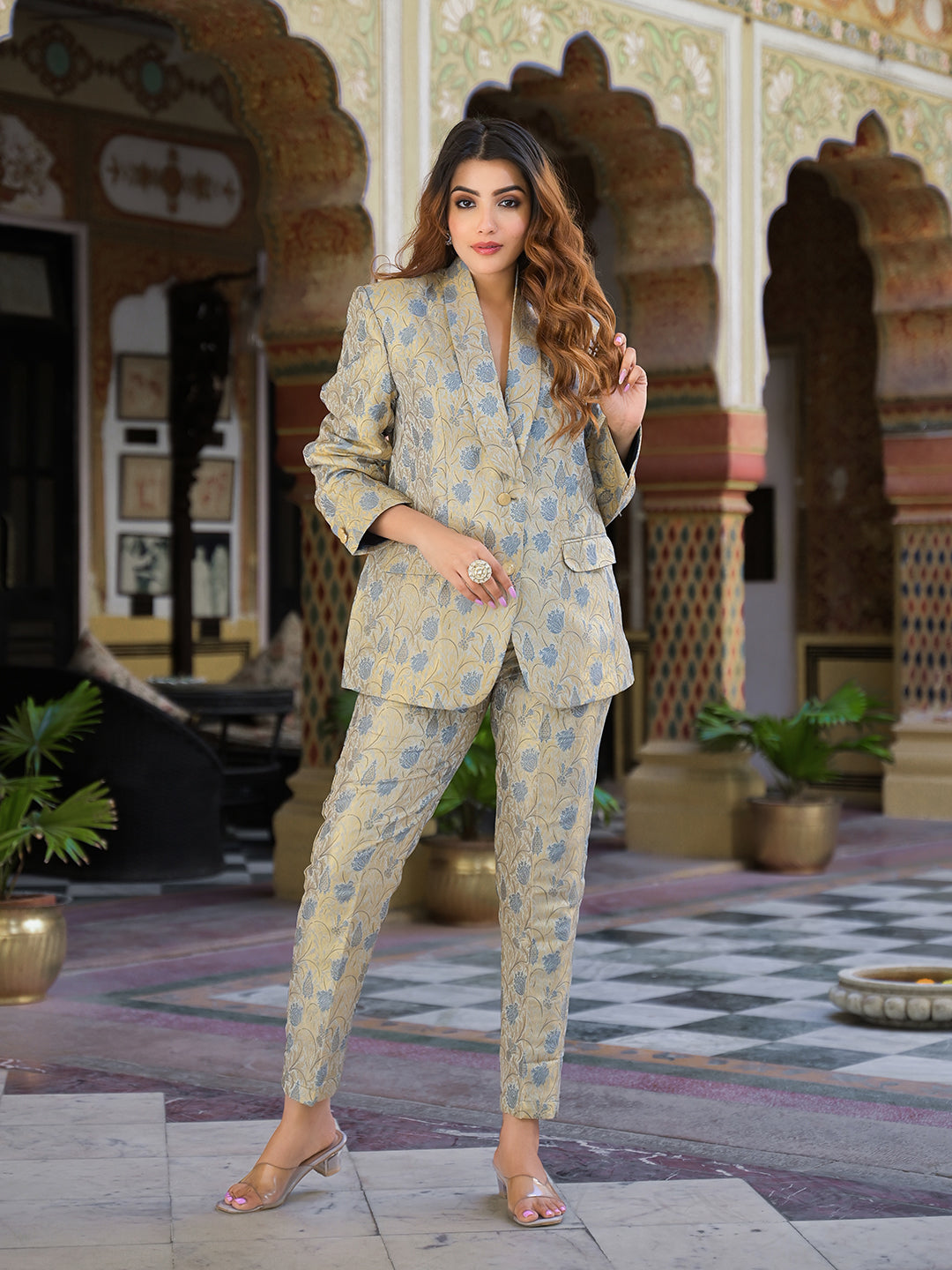 Noe Velarro Golden Brocade Printed Coat with Pant