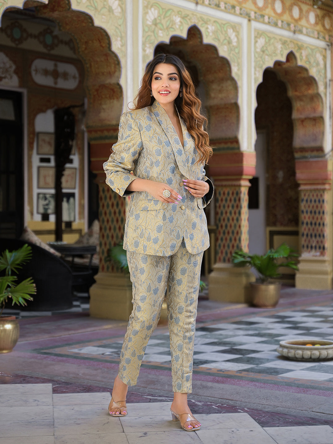 Noe Velarro Golden Brocade Printed Coat with Pant