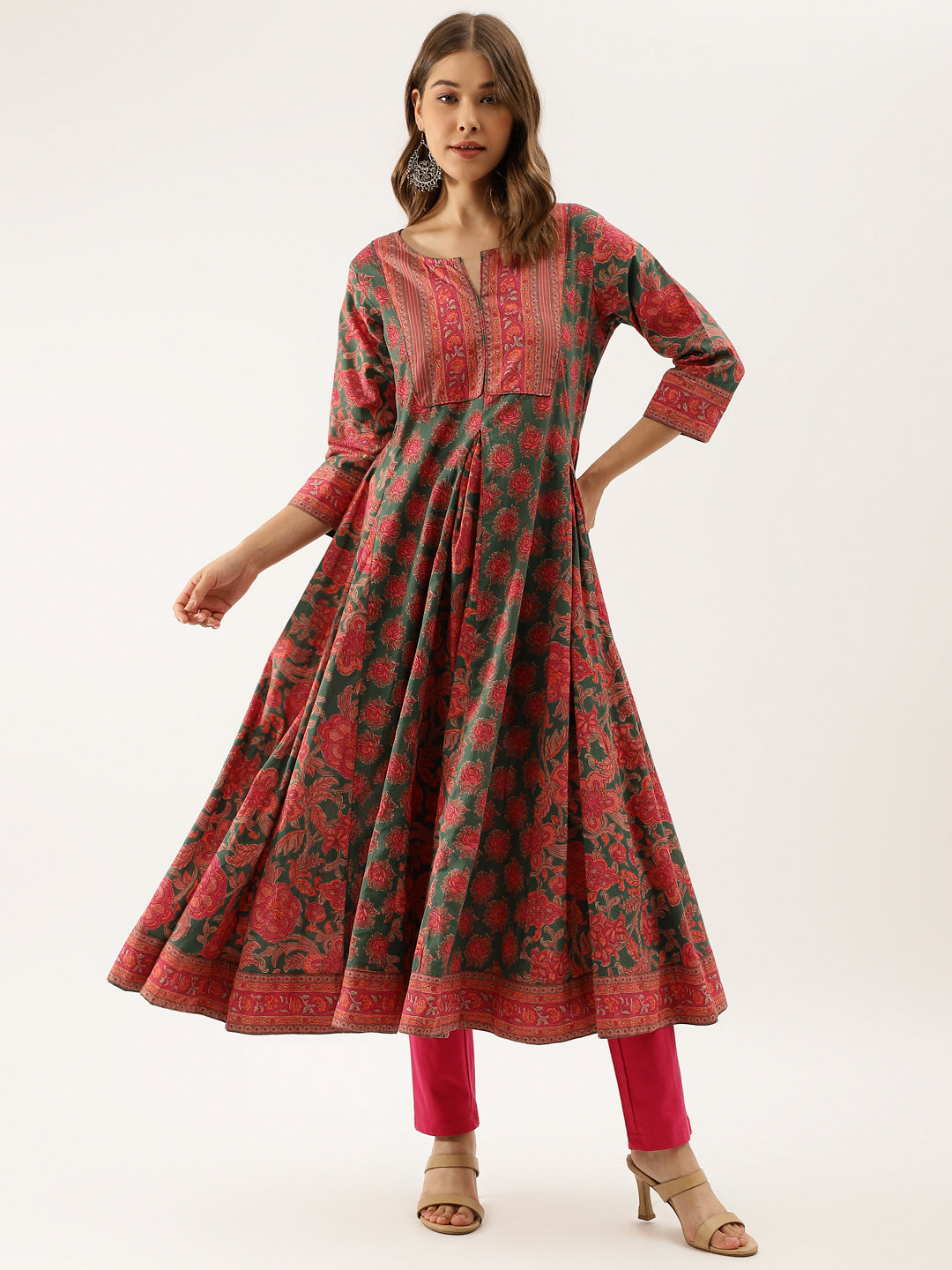 Noe Velarro Green Floral Printed Flared Kurta Dress for Women