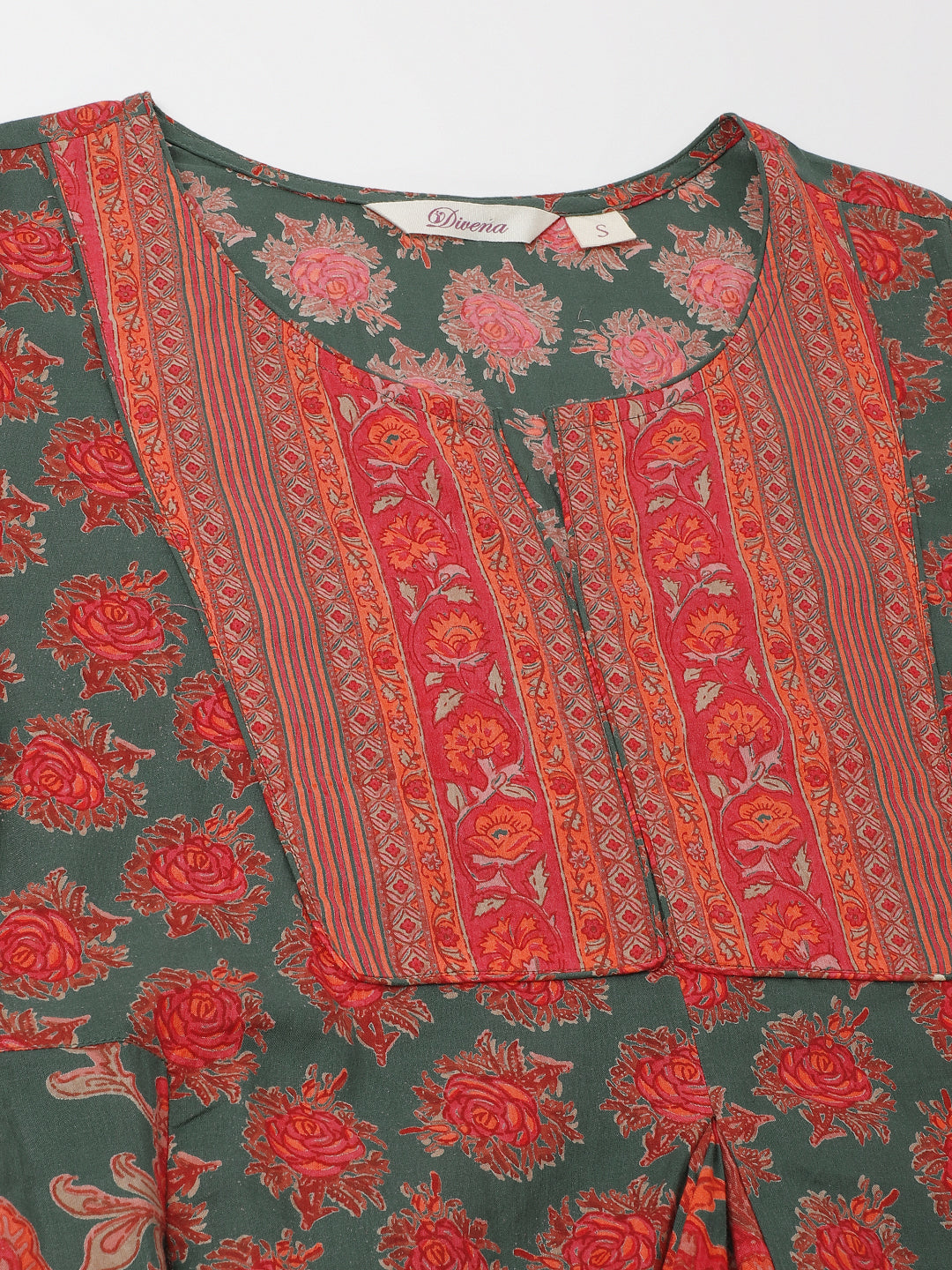 Noe Velarro Green Floral Printed Flared Kurta Dress for Women