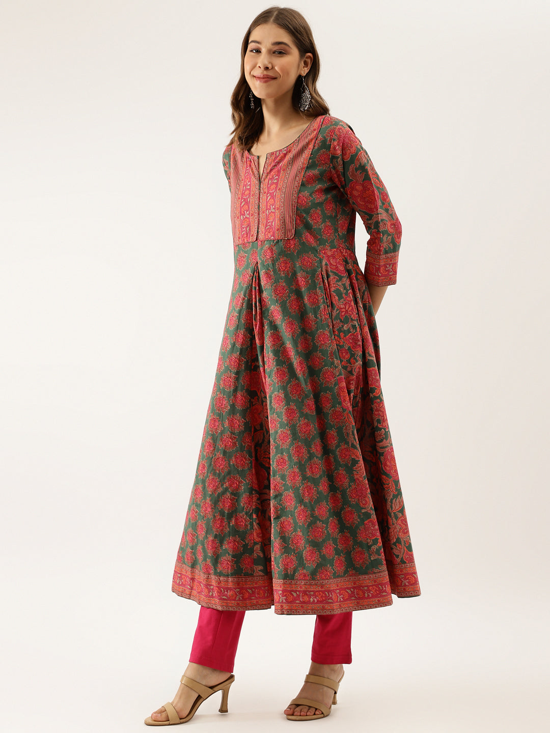 Noe Velarro Green Floral Printed Flared Kurta Dress for Women