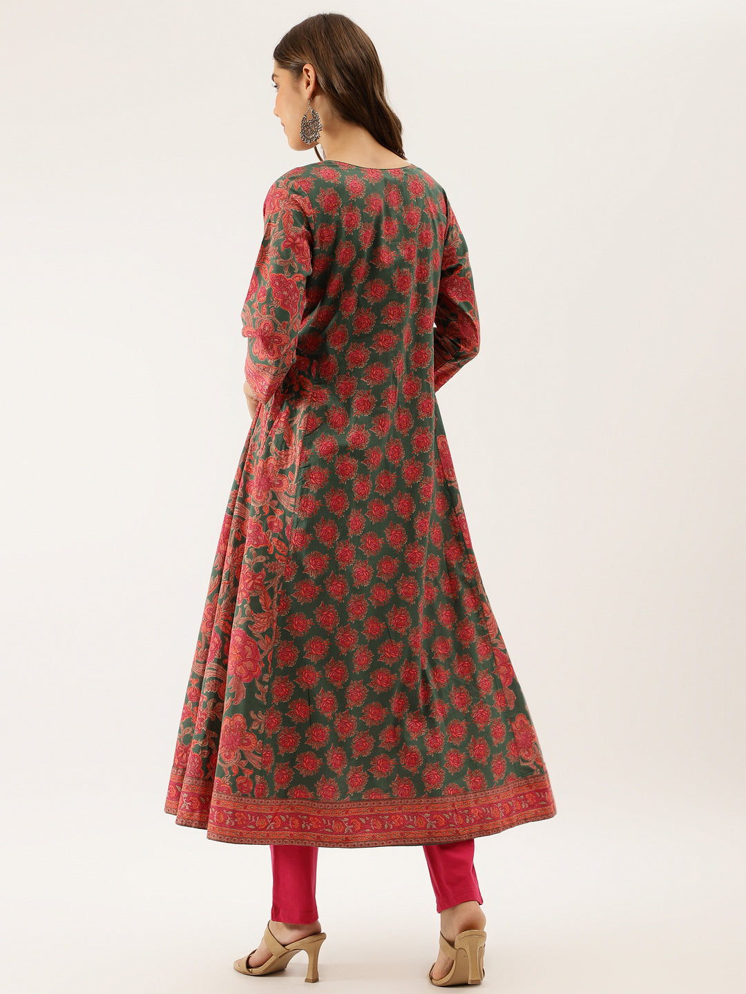 Noe Velarro Green Floral Printed Flared Kurta Dress for Women