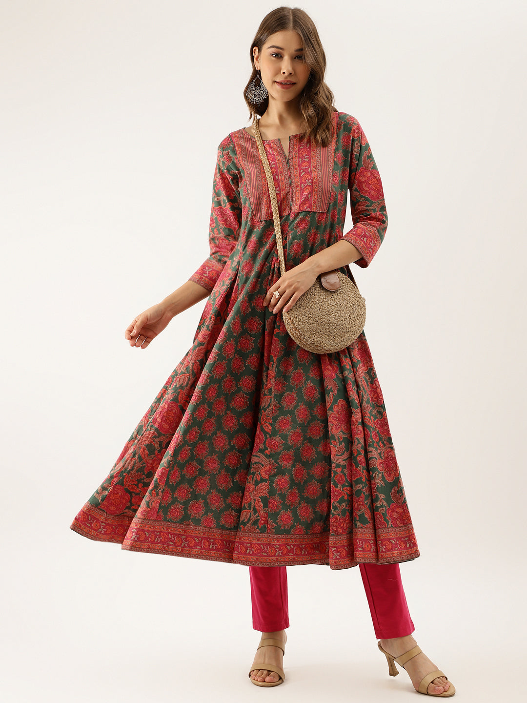 Noe Velarro Green Floral Printed Flared Kurta Dress for Women