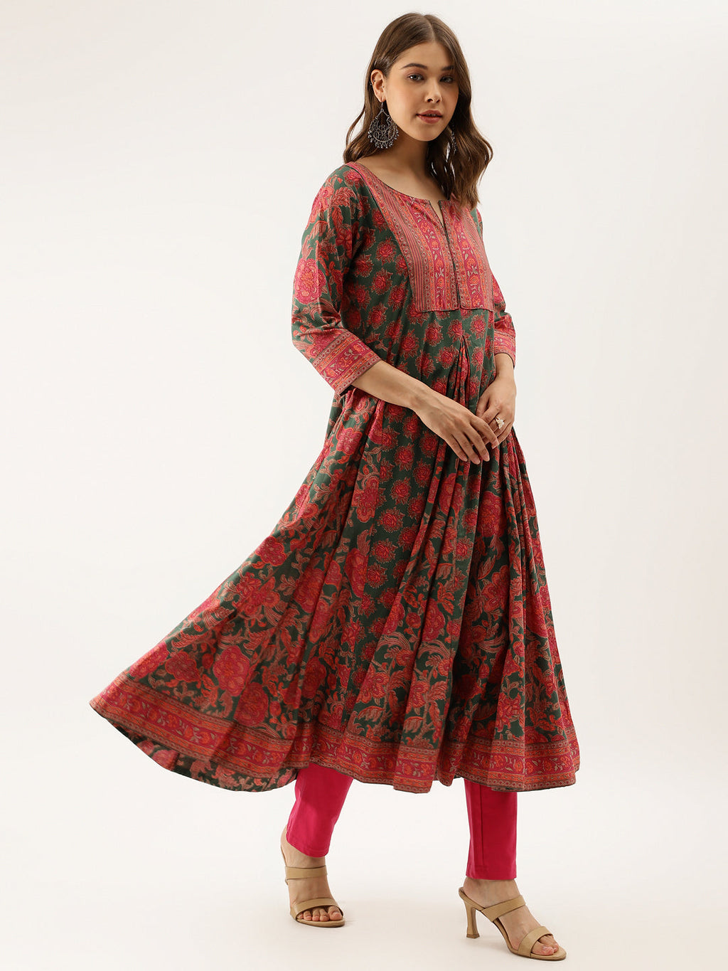 Noe Velarro Green Floral Printed Flared Kurta Dress for Women
