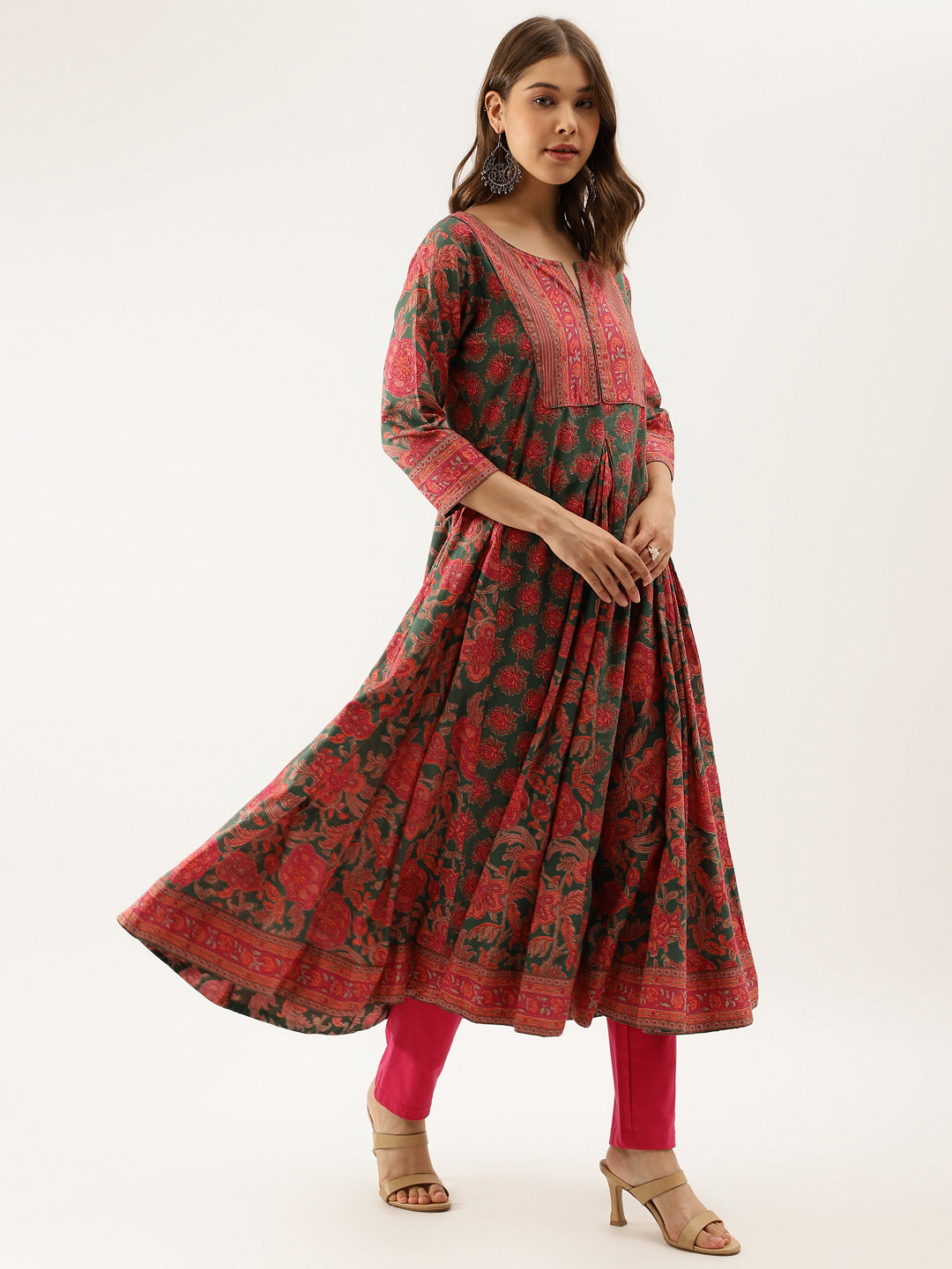 Noe Velarro Green Floral Printed Flared Kurta Dress for Women