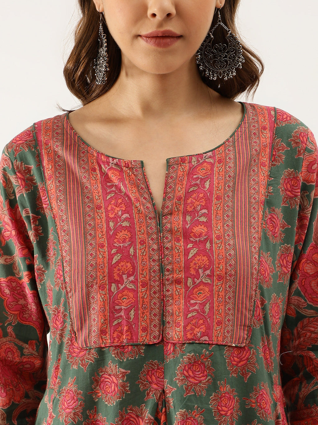 Noe Velarro Green Floral Printed Flared Kurta Dress for Women