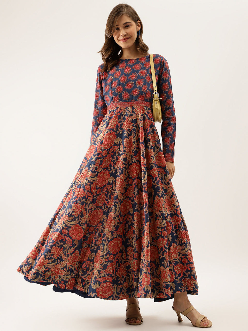 Noe Velarro Blue Maroon Floral Printed Cotton Ethnic Long Kurta for Women