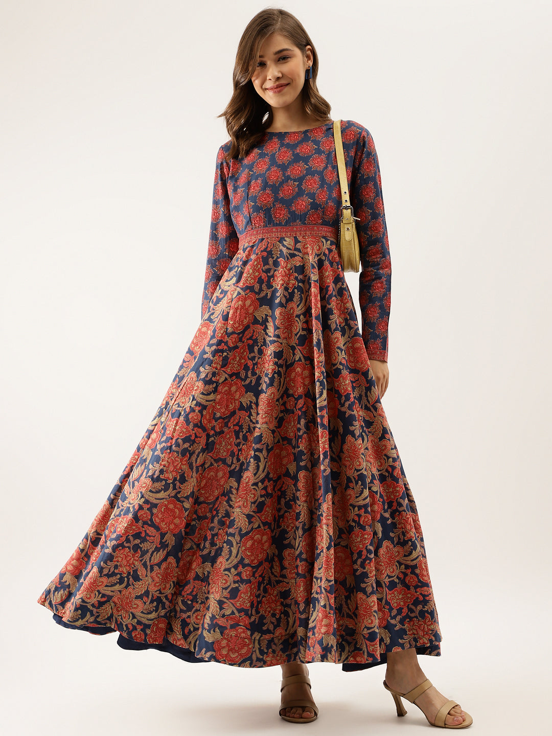Noe Velarro Blue Maroon Floral Printed Cotton Ethnic Long Kurta for Women