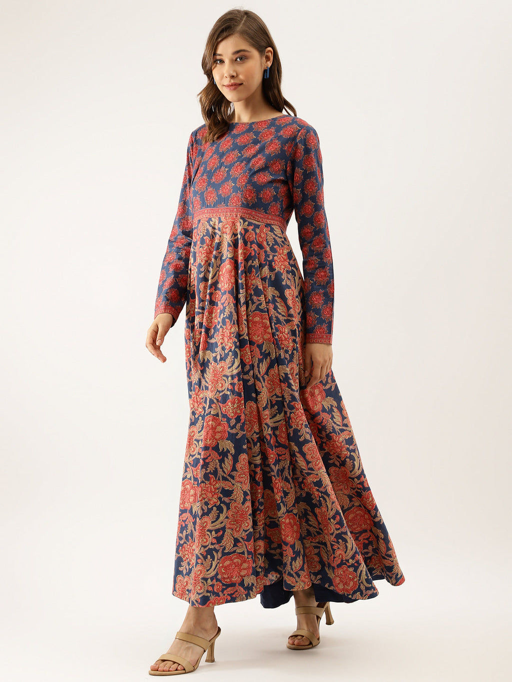 Noe Velarro Blue Maroon Floral Printed Cotton Ethnic Long Kurta for Women