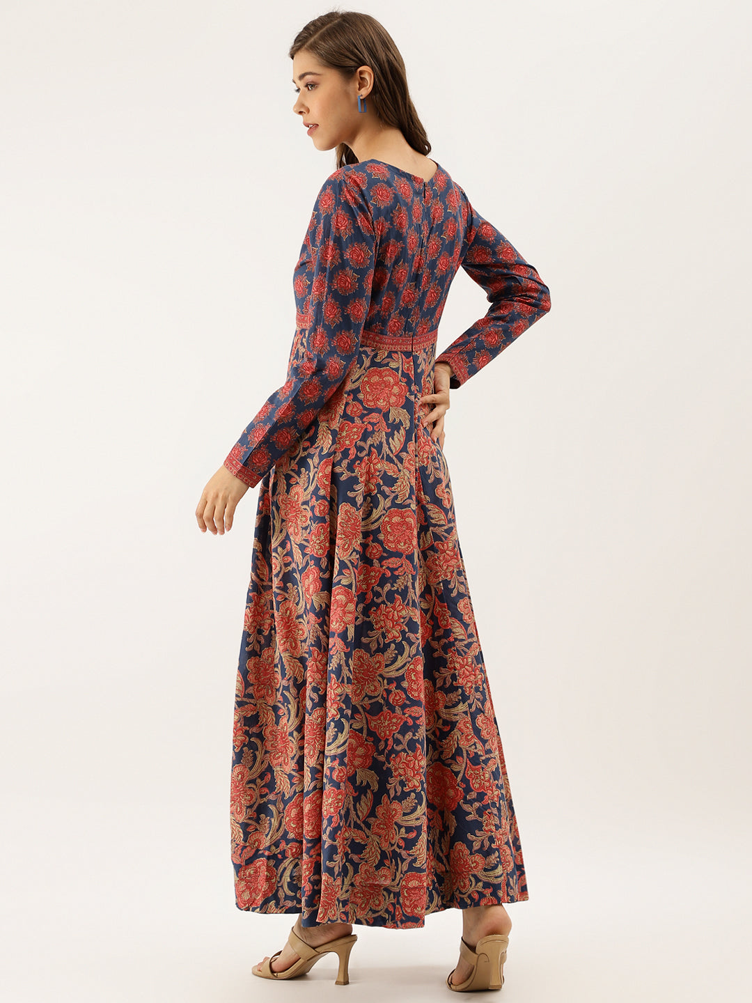 Noe Velarro Blue Maroon Floral Printed Cotton Ethnic Long Kurta for Women