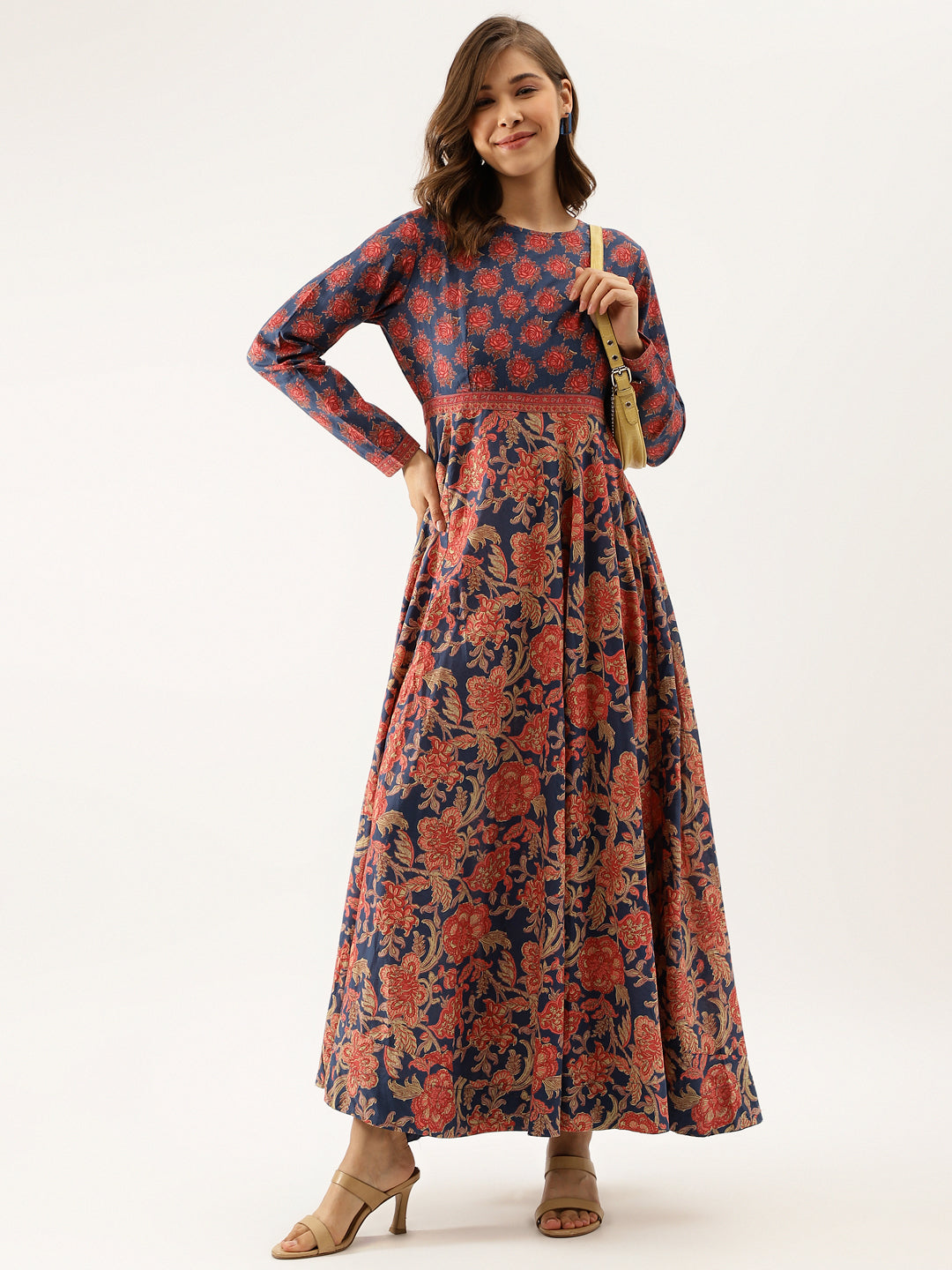 Noe Velarro Blue Maroon Floral Printed Cotton Ethnic Long Kurta for Women