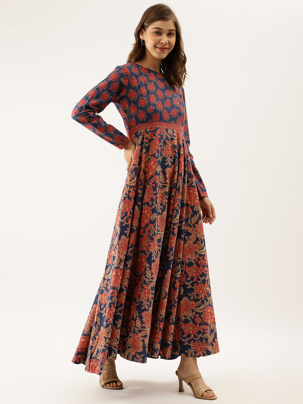 Noe Velarro Blue Maroon Floral Printed Cotton Ethnic Long Kurta for Women