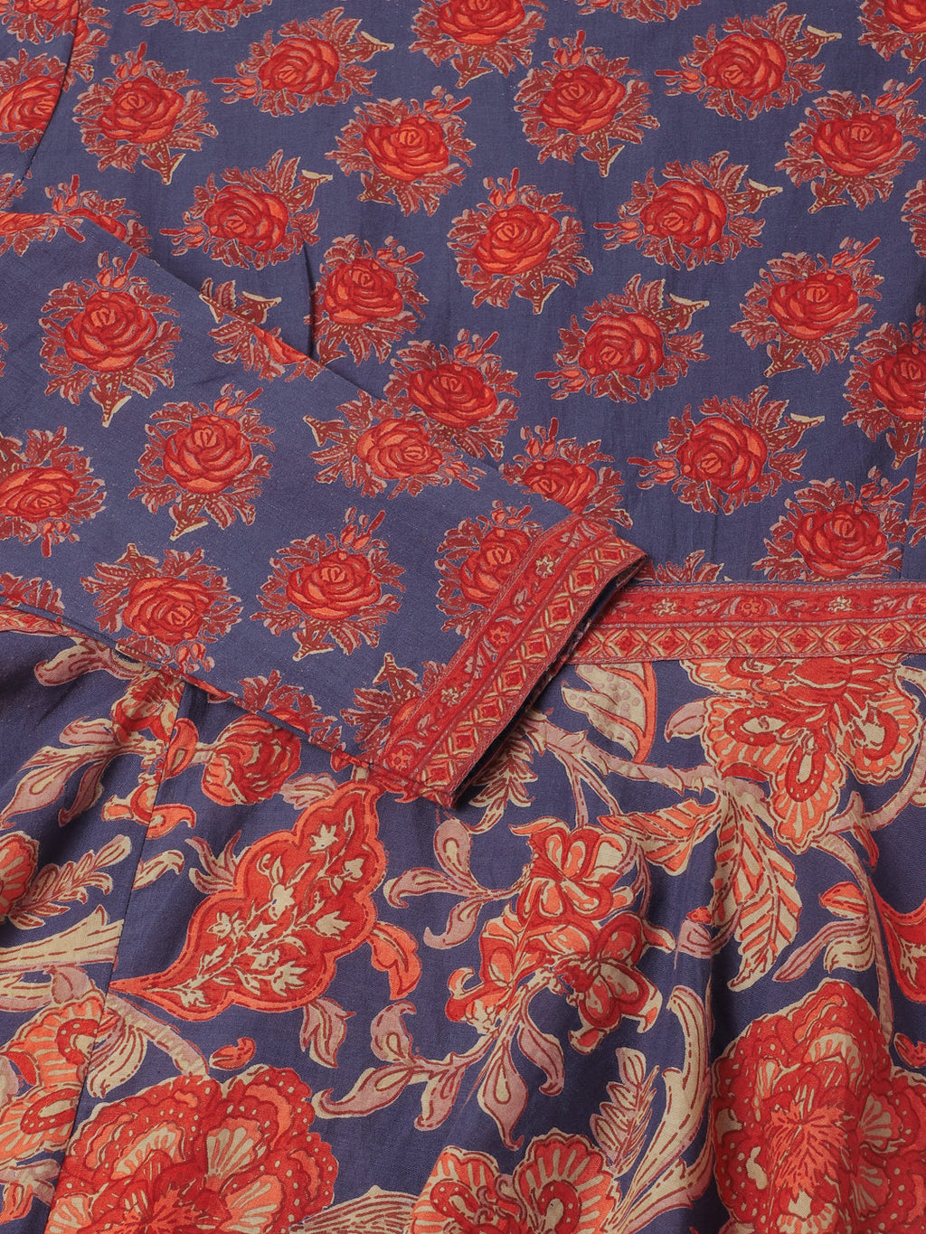 Noe Velarro Blue Maroon Floral Printed Cotton Ethnic Long Kurta for Women