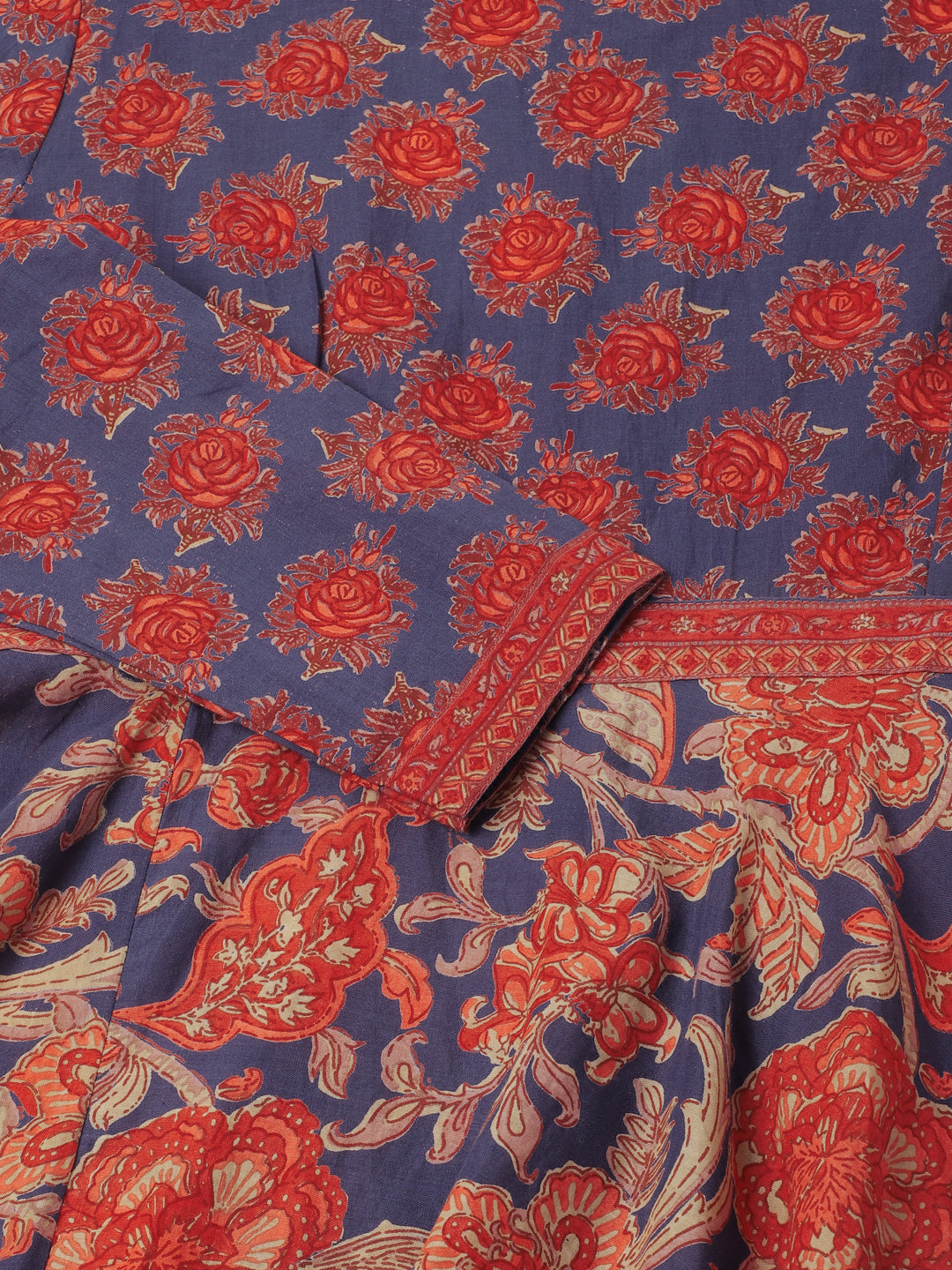 Noe Velarro Blue Maroon Floral Printed Cotton Ethnic Long Kurta for Women