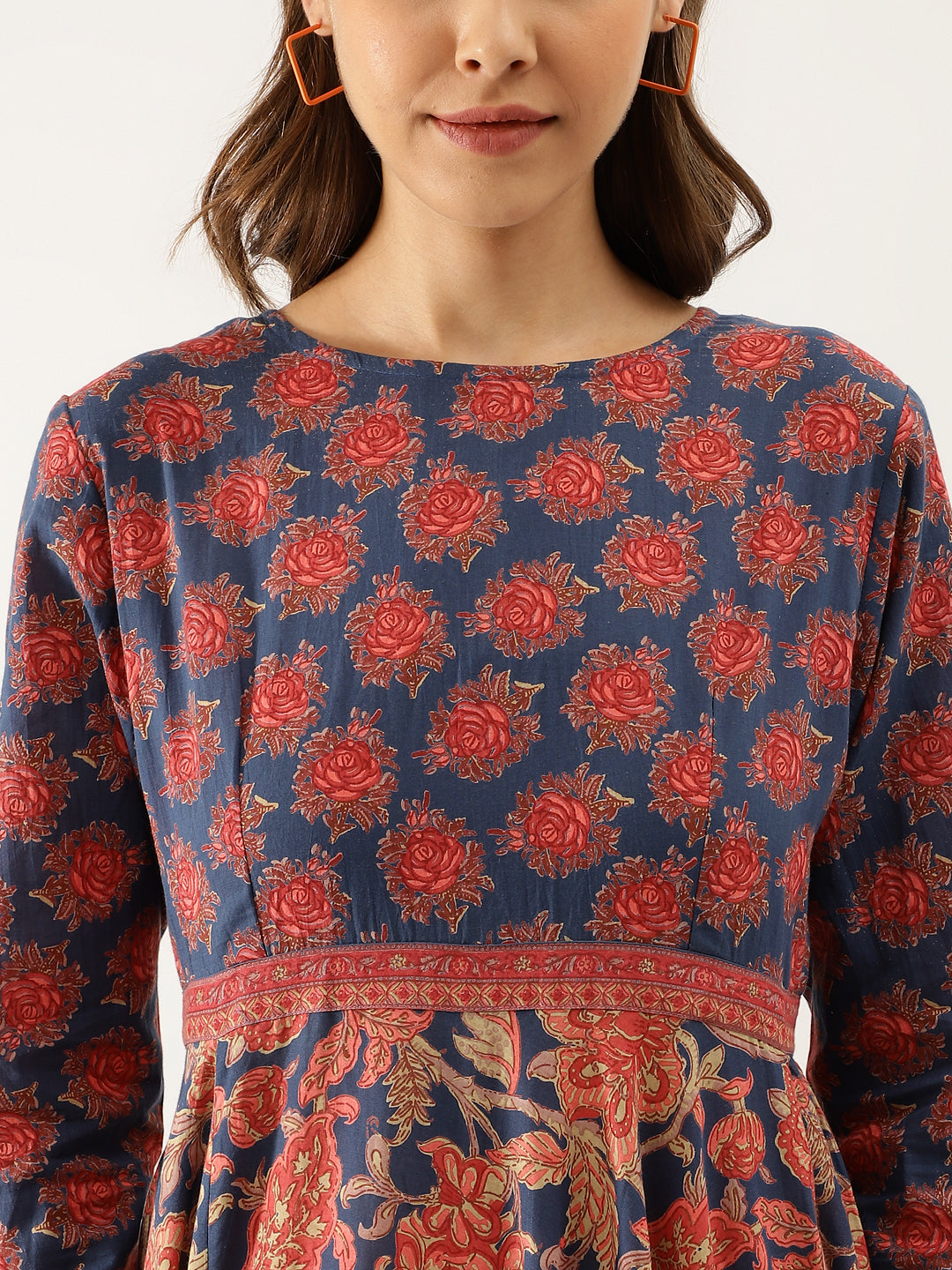 Noe Velarro Blue Maroon Floral Printed Cotton Ethnic Long Kurta for Women
