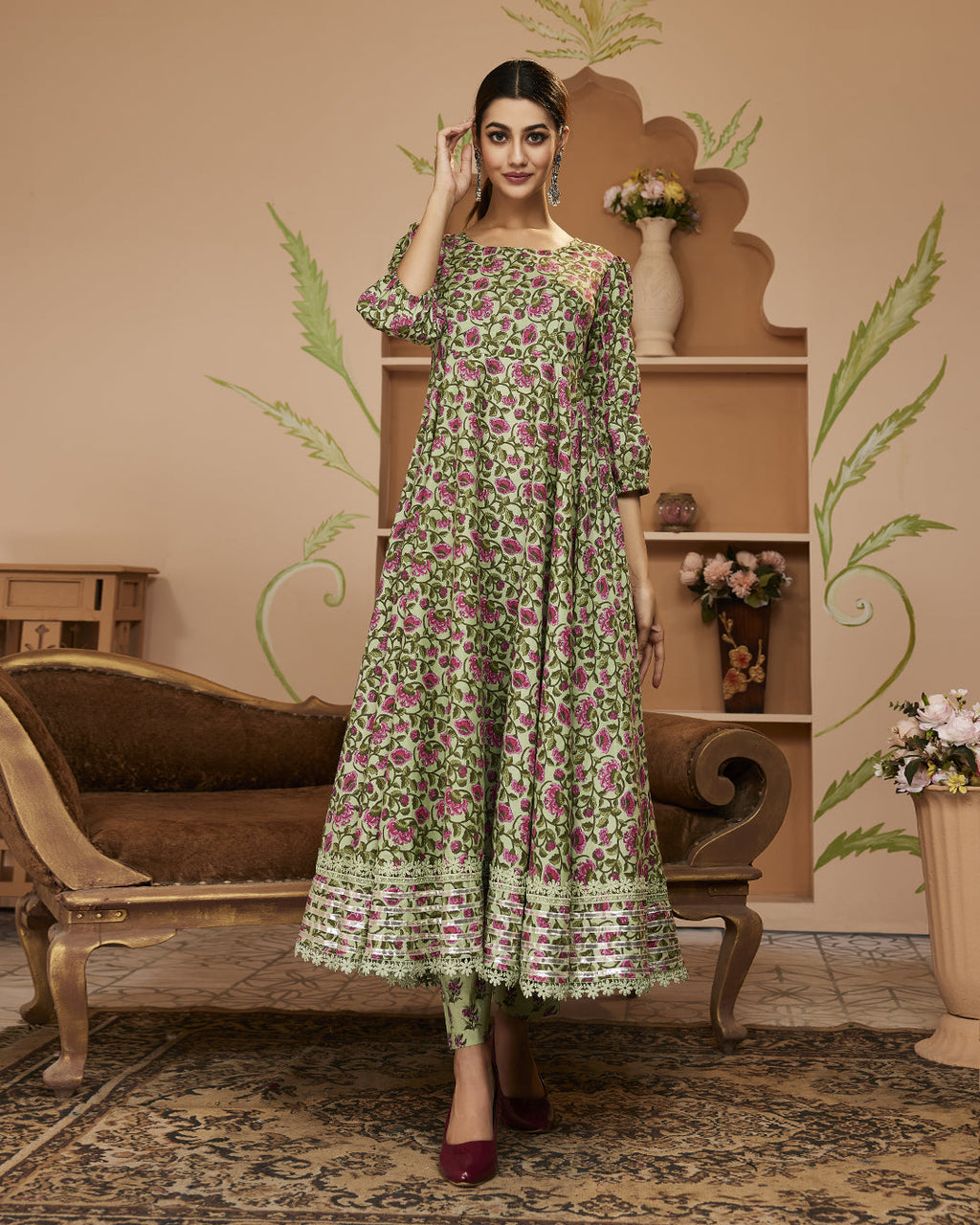 Noe Velarro HandBlock Floral Printed Green Anarkali Cotton Kurta With Trousers