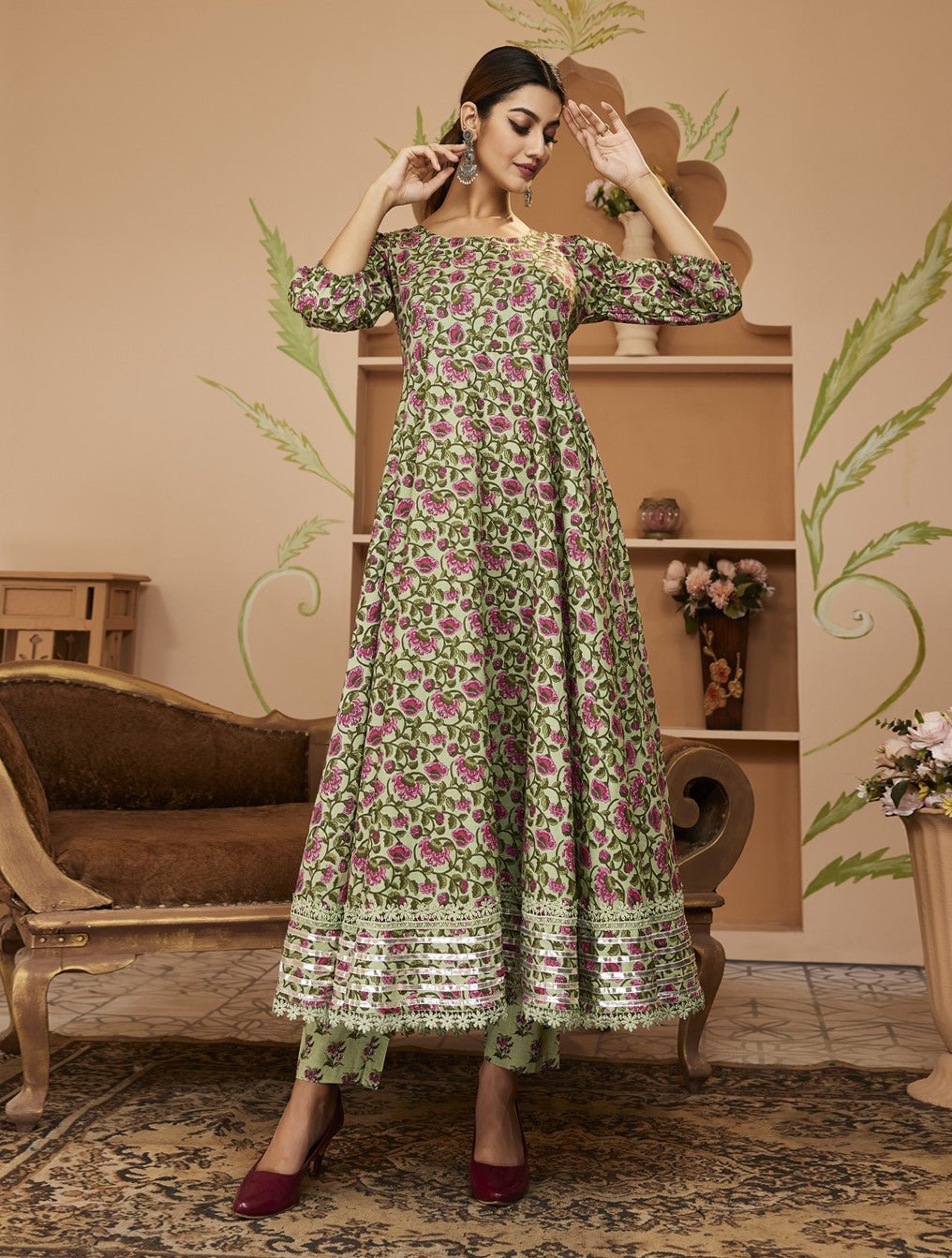 Noe Velarro HandBlock Floral Printed Green Anarkali Cotton Kurta With Trousers