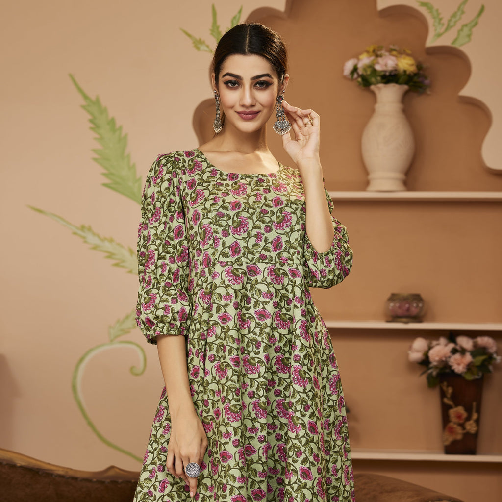 Noe Velarro HandBlock Floral Printed Green Anarkali Cotton Kurta With Trousers