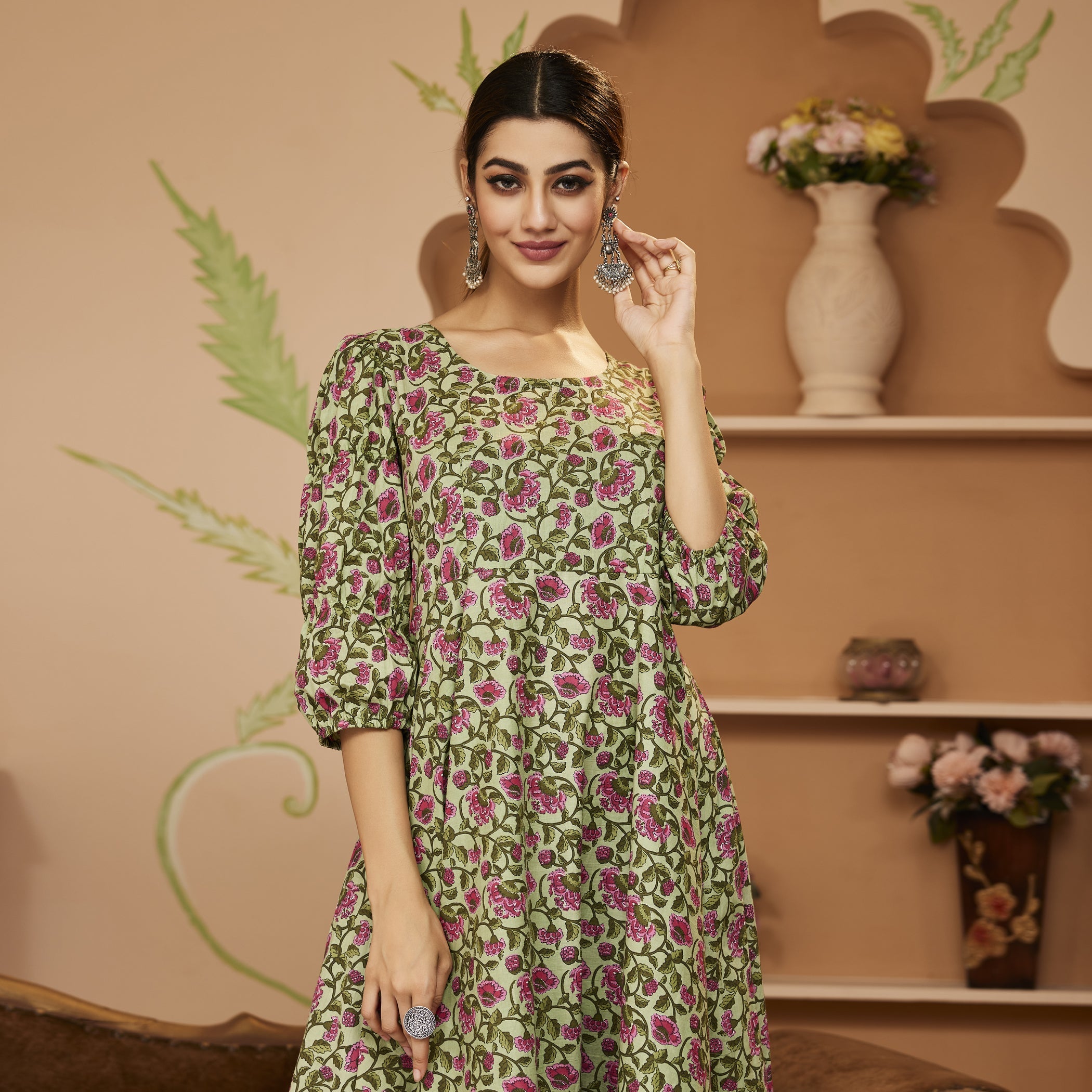 Noe Velarro HandBlock Floral Printed Green Anarkali Cotton Kurta With Trousers