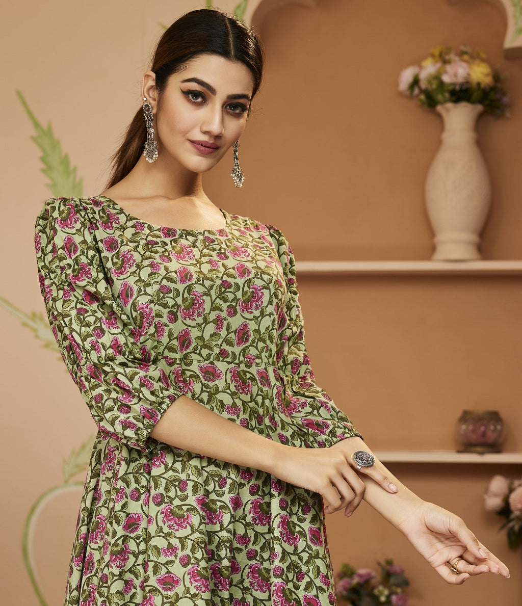 Noe Velarro HandBlock Floral Printed Green Anarkali Cotton Kurta With Trousers