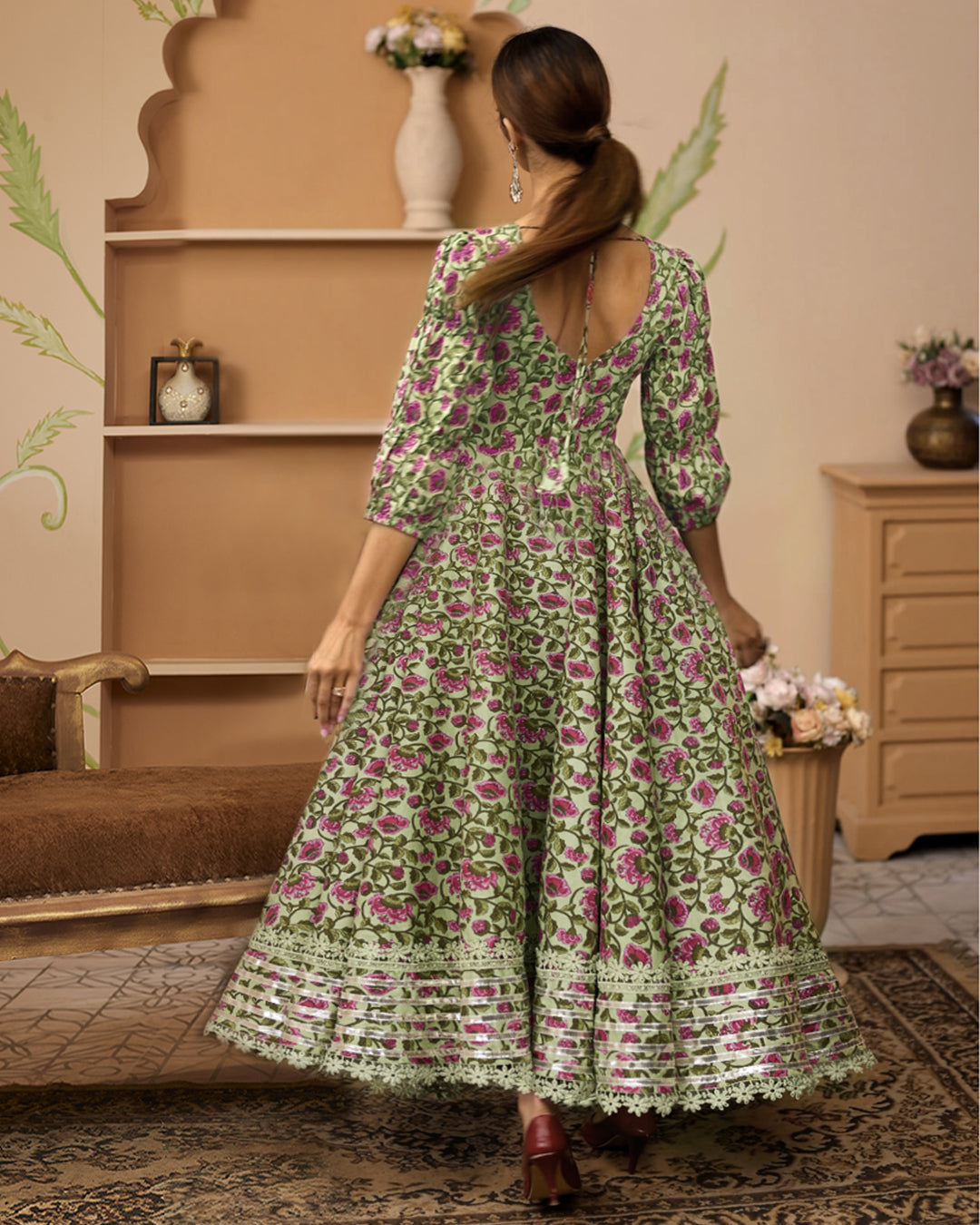 Noe Velarro HandBlock Floral Printed Green Anarkali Cotton Kurta With Trousers