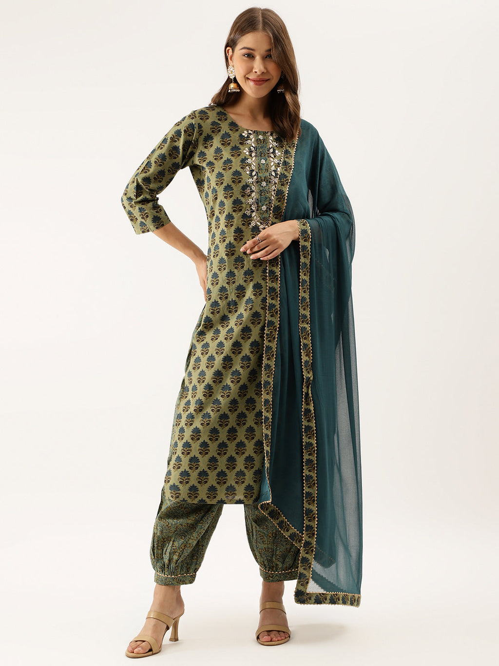 Noe Velarro Green Floral Print Cotton Embroidered Kurta set with Dupatta