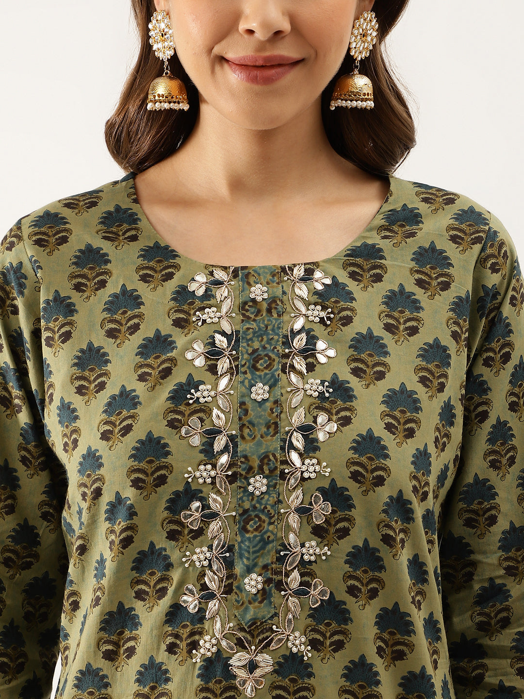Noe Velarro Green Floral Print Cotton Embroidered Kurta set with Dupatta