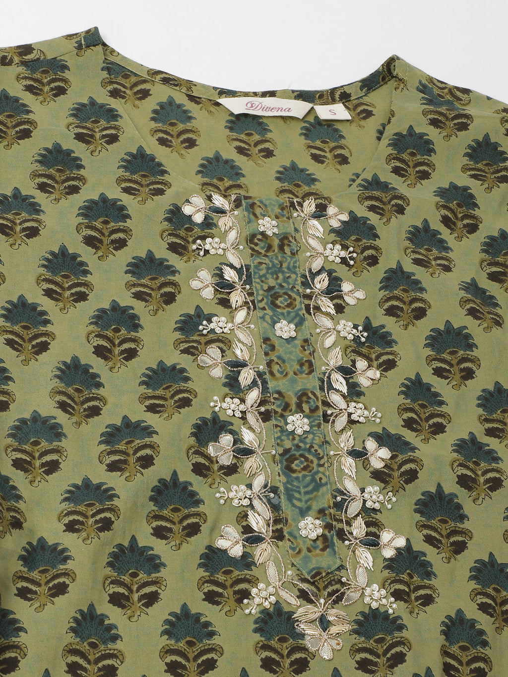 Noe Velarro Green Floral Print Cotton Embroidered Kurta set with Dupatta